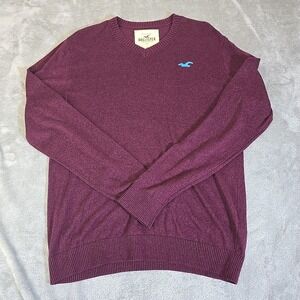Hollister Sweater Mens Large Burgandy V Neck Red Blue Logo Viscose Casual